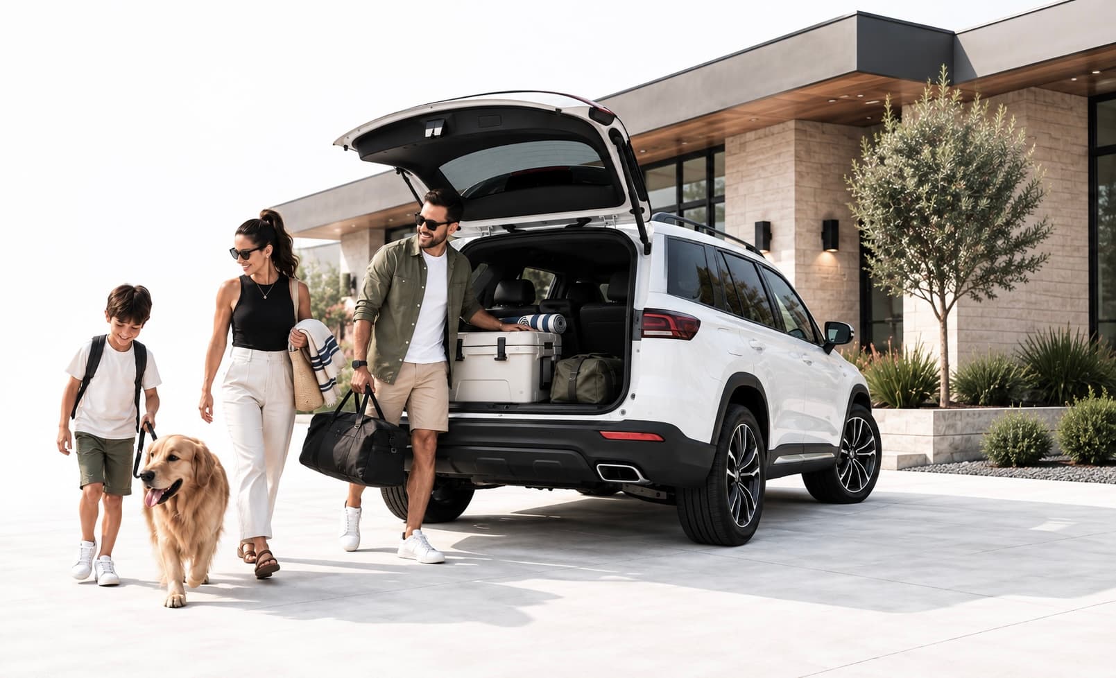A family and their dog loading the car in front of their home
